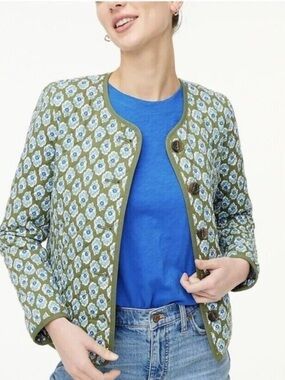 J.Crew Block Print Floral Quilted Collarless Jacket Green Blue XL - 1X